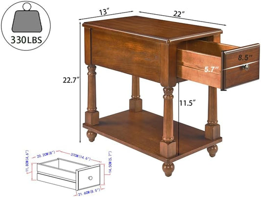 Solid Wood Narrow End Table with Drawer, Vintage Rectangle Sofa Side Table with Storage Shelf Mid-Century Apartment Slim Bedside Table for Small Spaces,13 * 22 * 22.3In