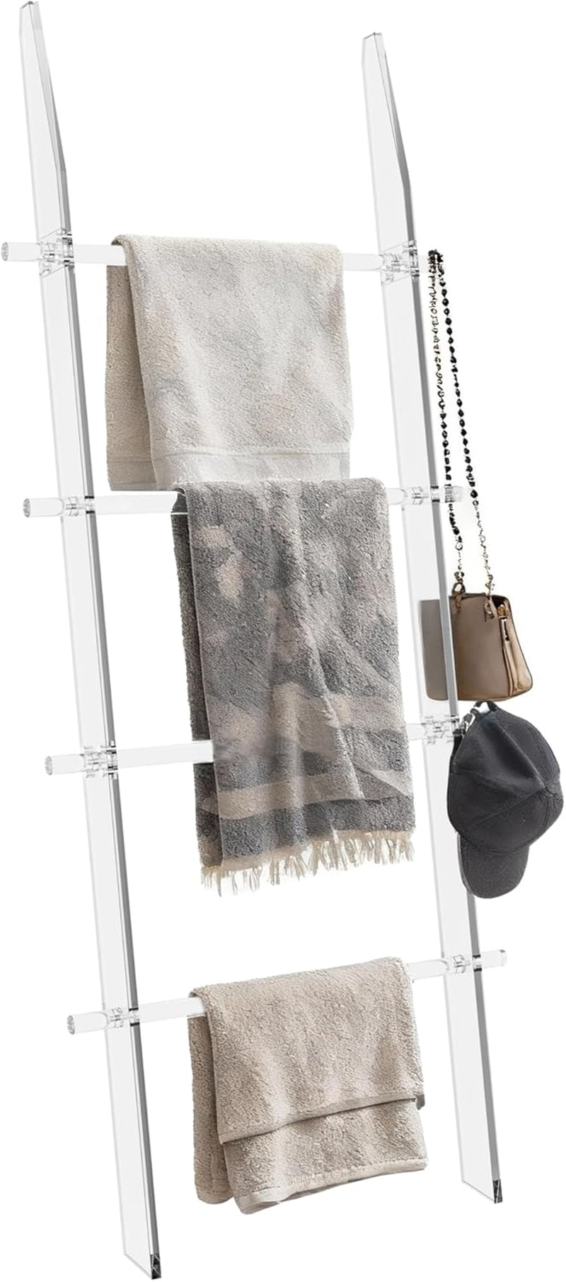 Blanket Ladder 5.6FT for Bathroom, 4 Tier Modern Decor Waterproof Blanket Holder for Living Room and Bedroom, Easy Assembly Clear Acrylic Ladder Shelf, Leaning Quilt Rack with anti Slip Pads