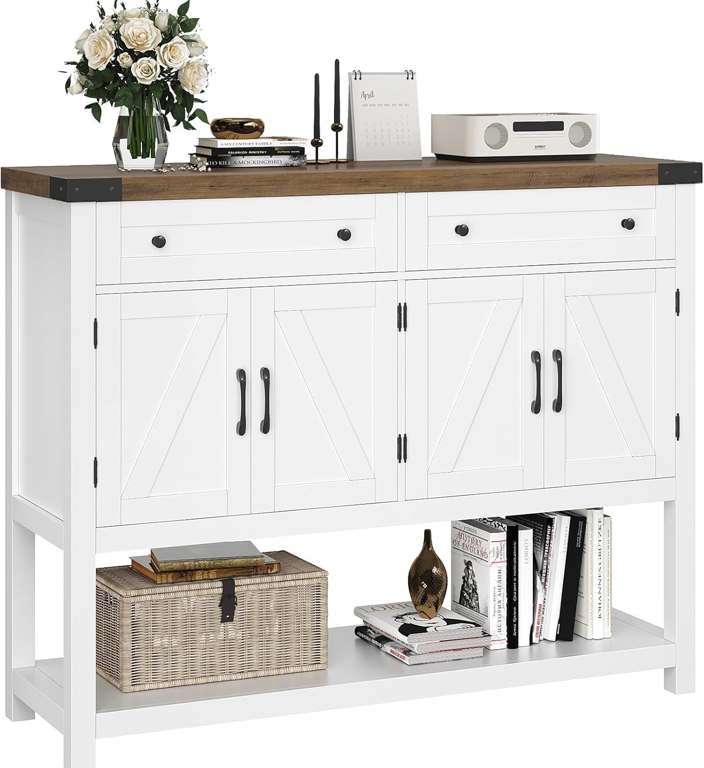 Buffet Sideboard Cabinet with Storage, 47.2" Modern Farmhouse Coffee Bar with 2 Drawers, Barn Doors Console Table with Shelf for Kitchen, Dining Room, Living Room, Entryway (White)