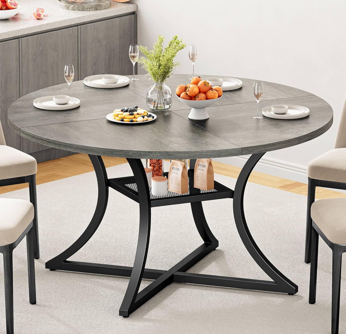 47.2" round Dining Table for 4, Wood Kitchen Table with Storage Shelf for Dining Room, Dinner Table with Wooden Tabletop and Metal Base, Rustic Brown