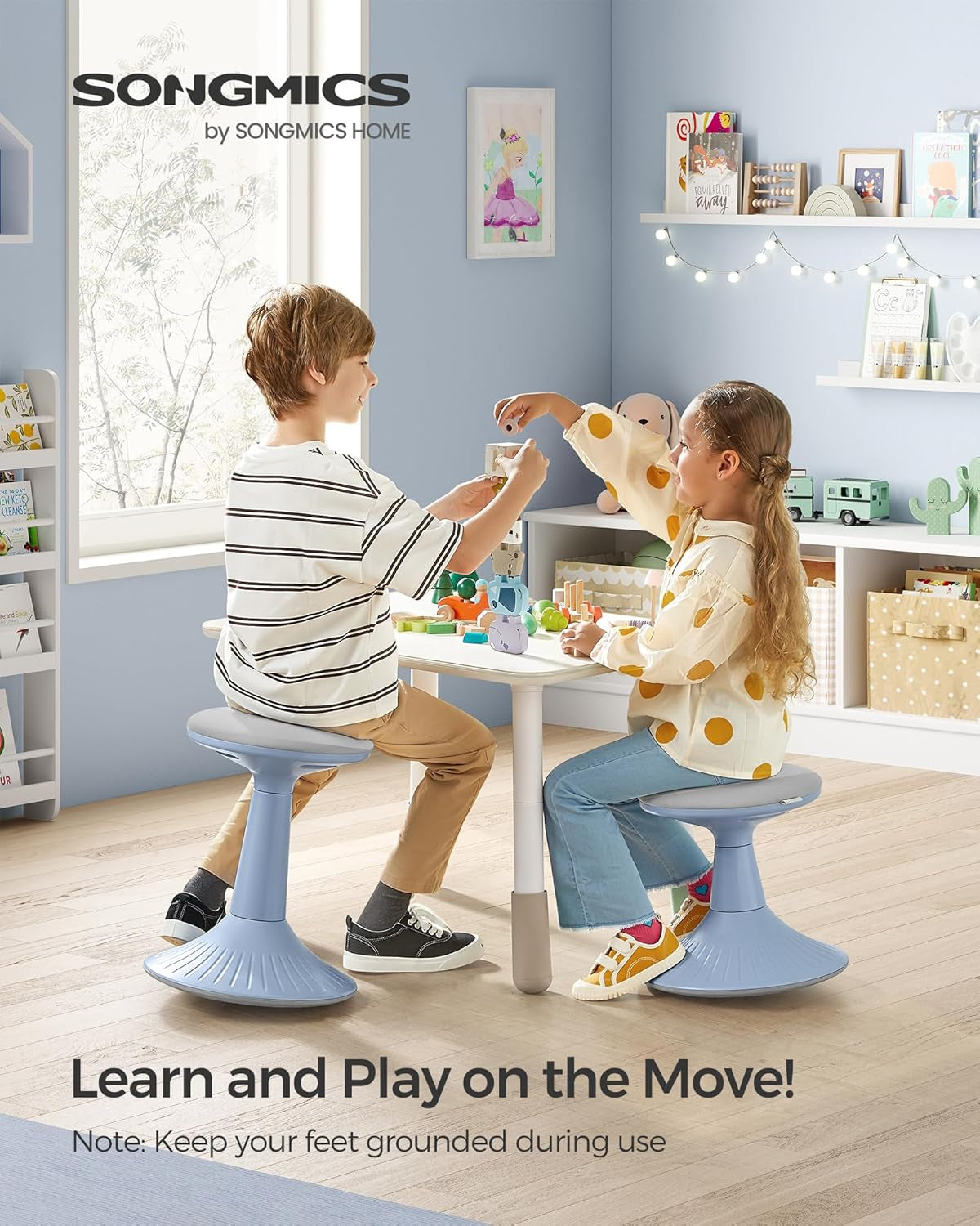 Kids Wobble Chair 6-12Y, Active Sitting Stool with Focus Support, 18.1" Height 154 Lb Capacity, Anti-Slip Base Tool-Free Assembly, Pale Blue and Dove Gray UOSC010Q01