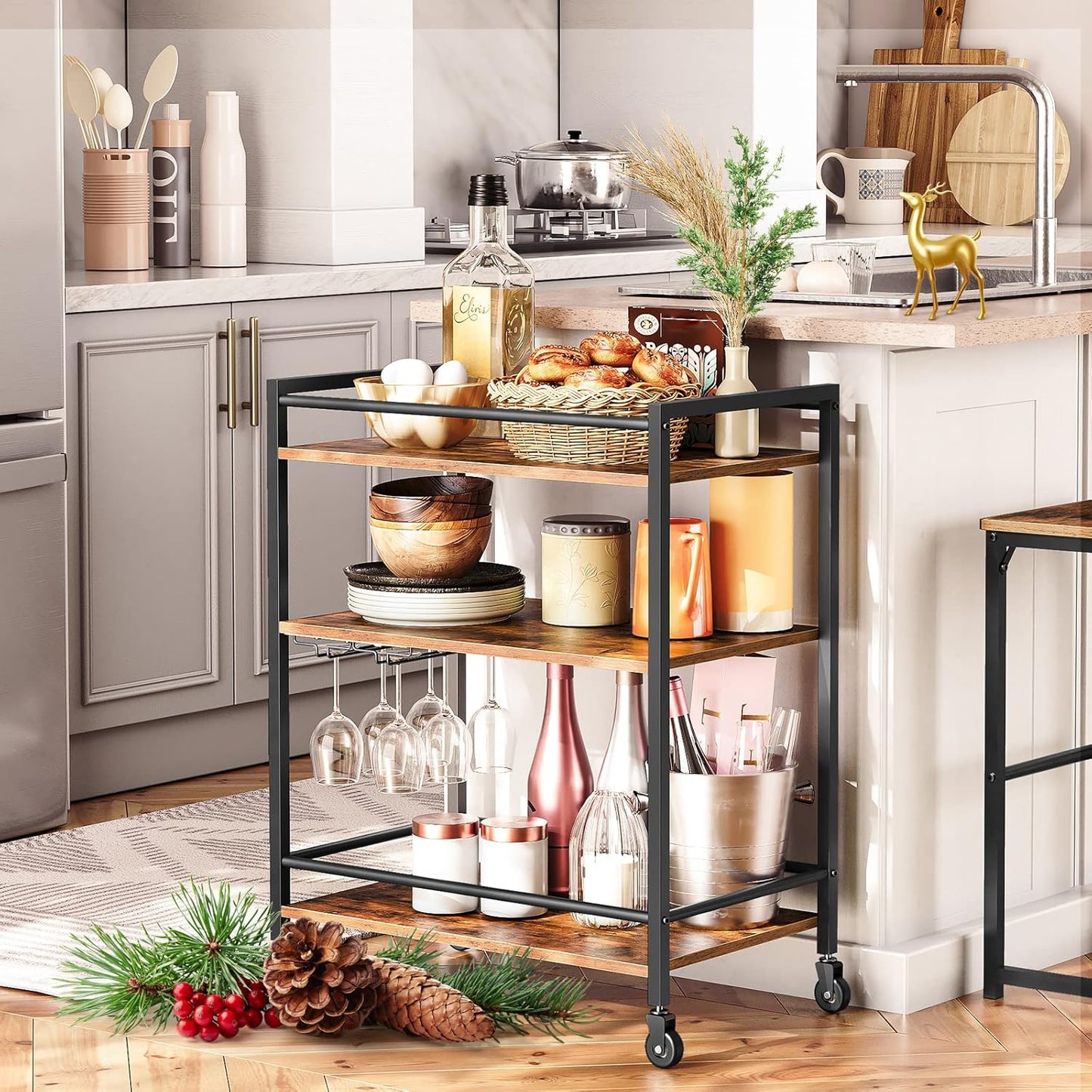 Bar Cart for the Home, Serving Cart with Wine Glass Hooks, Rolling Kitchen Cart with Lockable Wheels, 25.2 X 15.7 X 33.3 Inches Beverage Cart with Storage Shelves, Rustic Brown BF02TC01