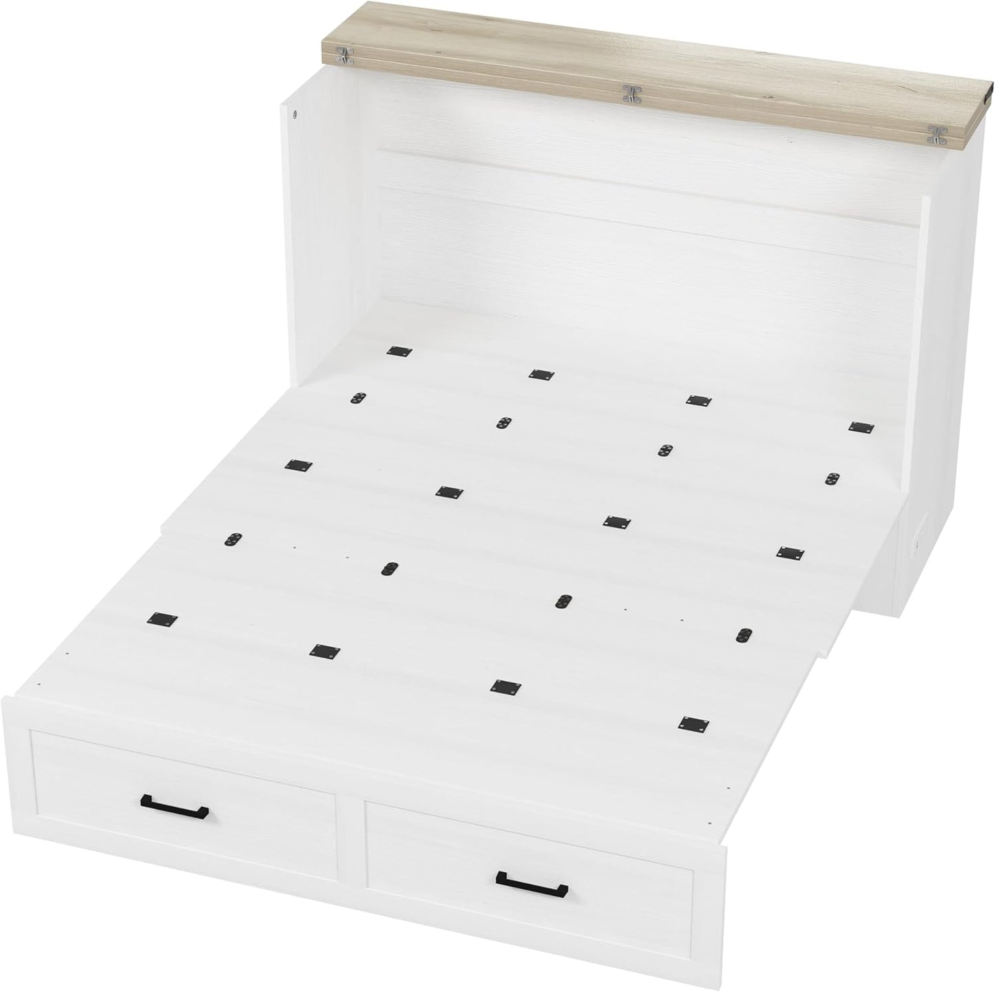 Modern Farmhouse Solid Wood Murphy Cabinet Bed with Charging Station, Foldable Wall Platform Bed with Storage Drawer/No Box Spring Needed/Easy Assemble/Queen, White