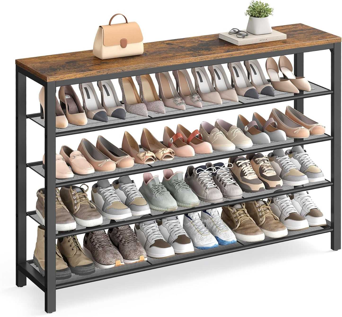 5 Tier Shoe Rack for Closet, Entryway, 20-25 Pairs of Shoes, Large Shoe Organizer with 4 Metal Mesh Shelves, 11.8 X 47.2 X 36.4 Inches, Rustic Brown and Black ULBS205B01