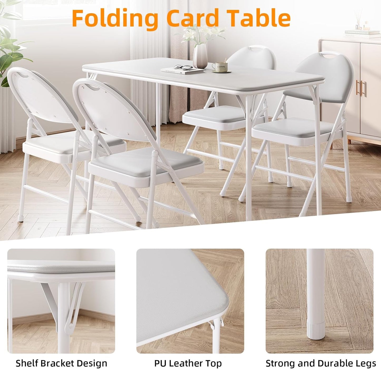 Protable Folding Table and Chairs, 5 Piece Folding Card Table and Chairs Set, Foldable PU Upholstered Table and Chairs Set of 5, for Dining Room, Living Room, Office, Camping, Gray