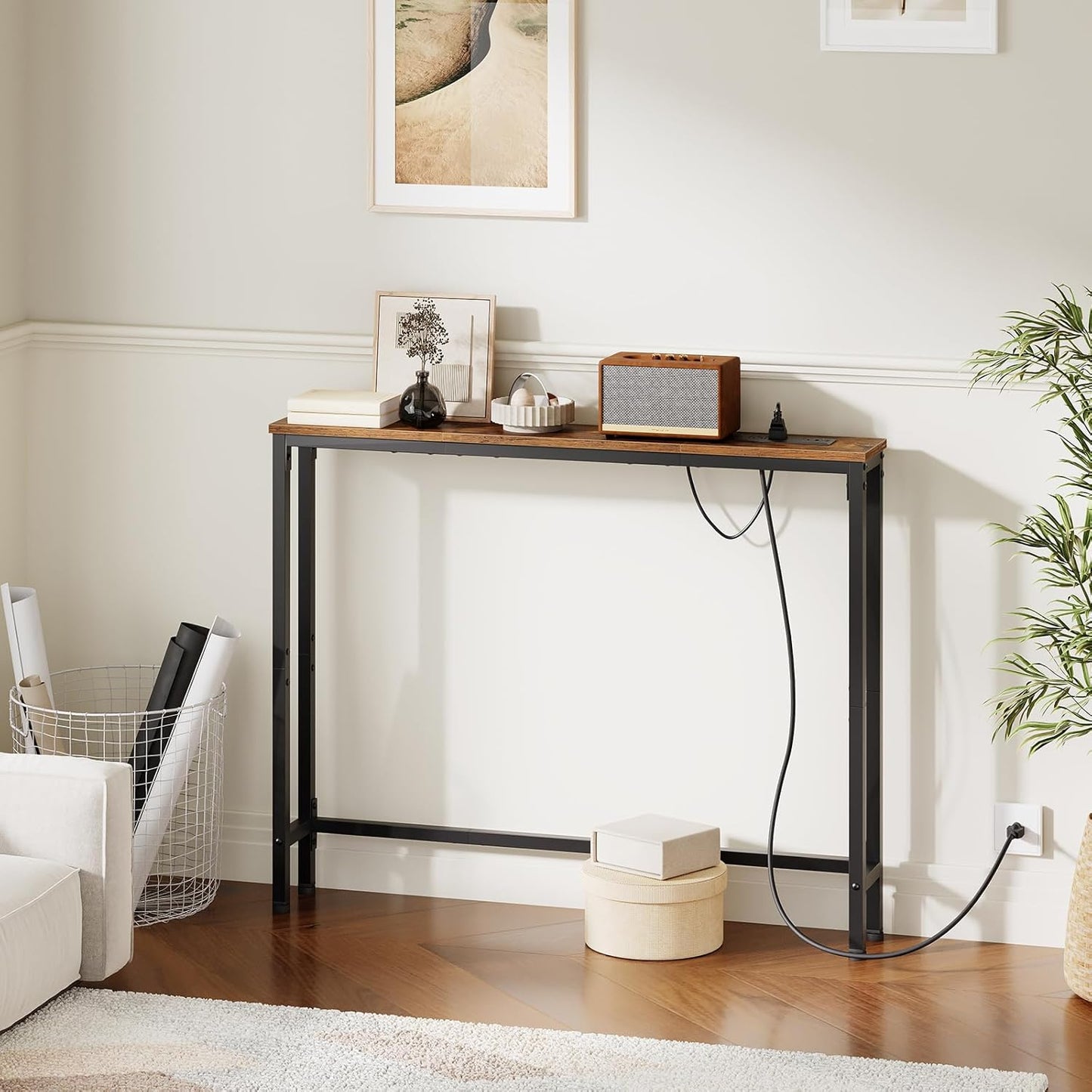 39.4 Inch Narrow Console Table with Power Outlets, 5.9 Inch Skinny Sofa Table behind Couch, Small Entryway Table, Metal Frame, for Living Room, Hallway, Greige and Black BG52UXG01