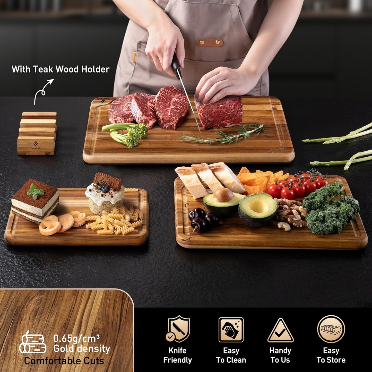 3 Pack Teak Wood Cutting Board Set for Kitchen Charcuterie Board Serving Heavy Duty Non Toxic Slip over Sink Solid Thick Haus Wooden Chopping Board Large Big Small Meat Best Kitchen Essential Gift
