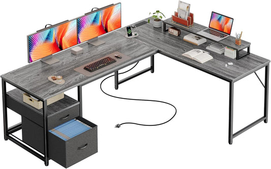 63 Inch L Shaped Desk with Power Outlets and USB-C Port, Computer Corner Home Office Desk with File Fabric Drawers and Movable Monitor Stand, Larger Storage, Gaming, Writing, Work, Grey