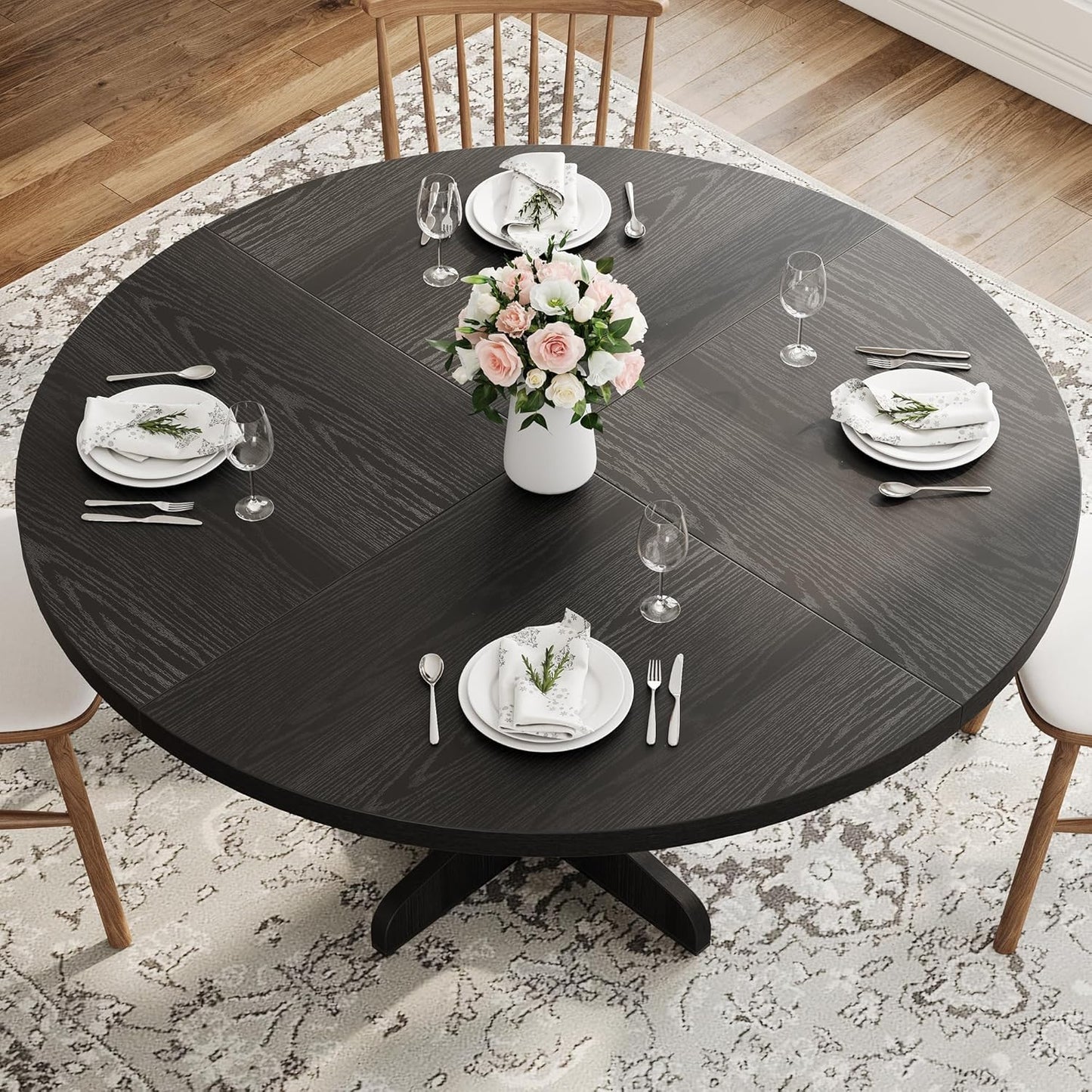 round Dining Table for 4, 47 Inches Dining Room Table with Wooden Base, Circle Kitchen Dinner Table for Dining Room, Kitchen, Living Room (Table Only), Black