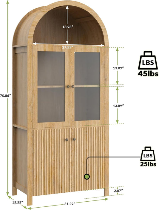 Tall Arched Cabinet, 71” Versatile Modern Farmhouse Flute Pantry with 2 Tier Adjustable Shelves for Kitchen, Dining Room, Bathroom Anti-Tipping Device, Natural Wood