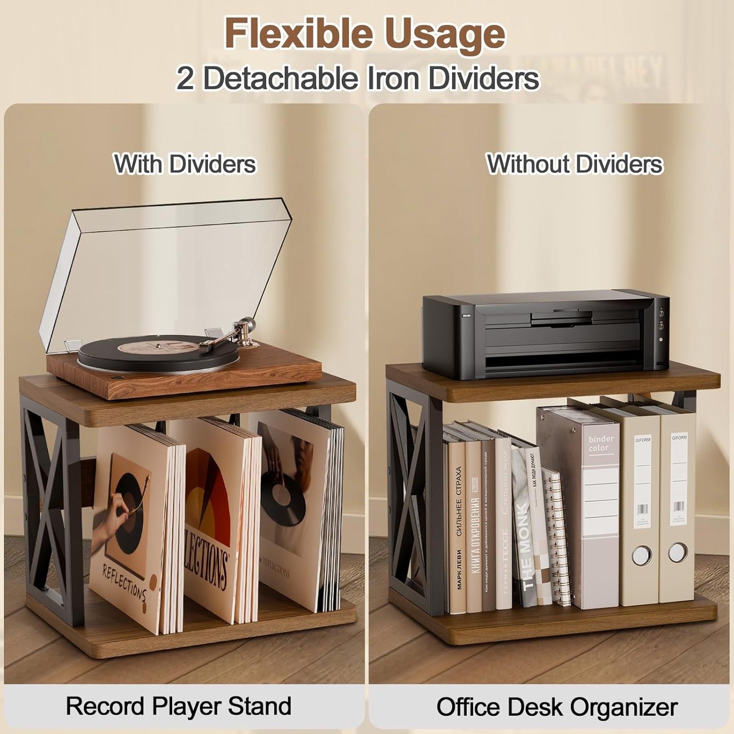 Vinyl Records Storage,80-100Lps Record Holder,Stackable Vinyl Holder,2-Tier Record Player Stand,Wood Records Player Table,Turntable Stand for Magazine, Book, Files, Albums