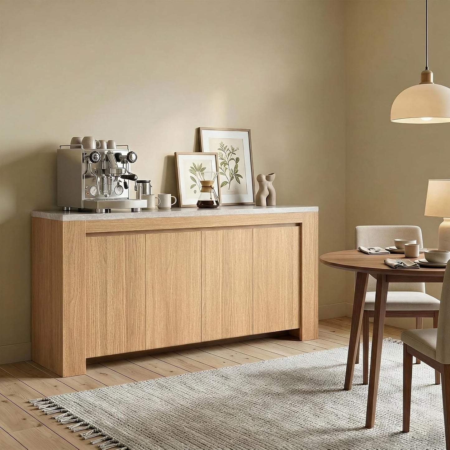 Buffet Cabinet with Storage, 63" Sideboard Buffet Accent Cabinet with Faux Marble Top & 4 Doors, Modern Buffet Table Credenza Cabinets for Living Room, Dining Room, Kitchen(Natural Oak)