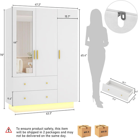3 Doors Armoire Wardrobe Closet with Mirror, LED Armoire with Doors and Drawers, Wooden Wardrobe Storage Cabinet with Hanging Rod, Adjustable Shelves, White