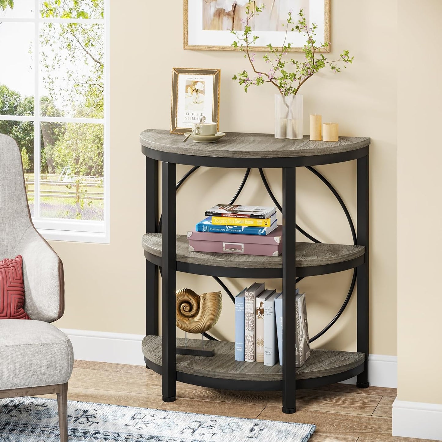 Half round End Table for Living Room Set of 2, 3-Tier Half Side Table with Metal Frame, Industrial Half Moon Table with Storage Shelves for Entryway, Bedroom, Grey