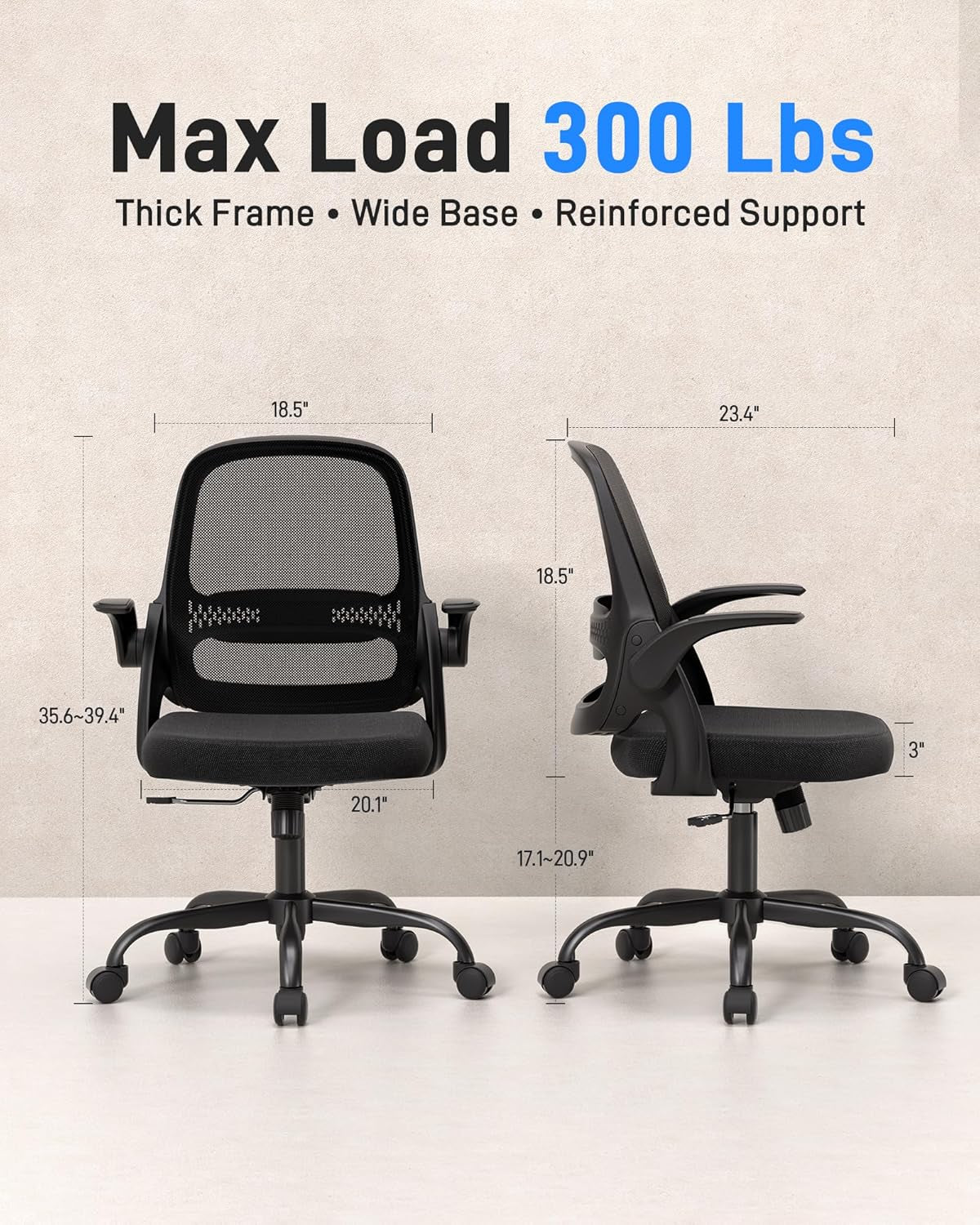 Ergonomic Mesh Office Chair for Home Office, Flip-Up Arms, Breathable Mesh Back & Thick Seat Cushion, Swivel Rolling Computer Desk Chair, BIFMA Certified, Supports 300 Lbs (Black Frame/Black Seat)
