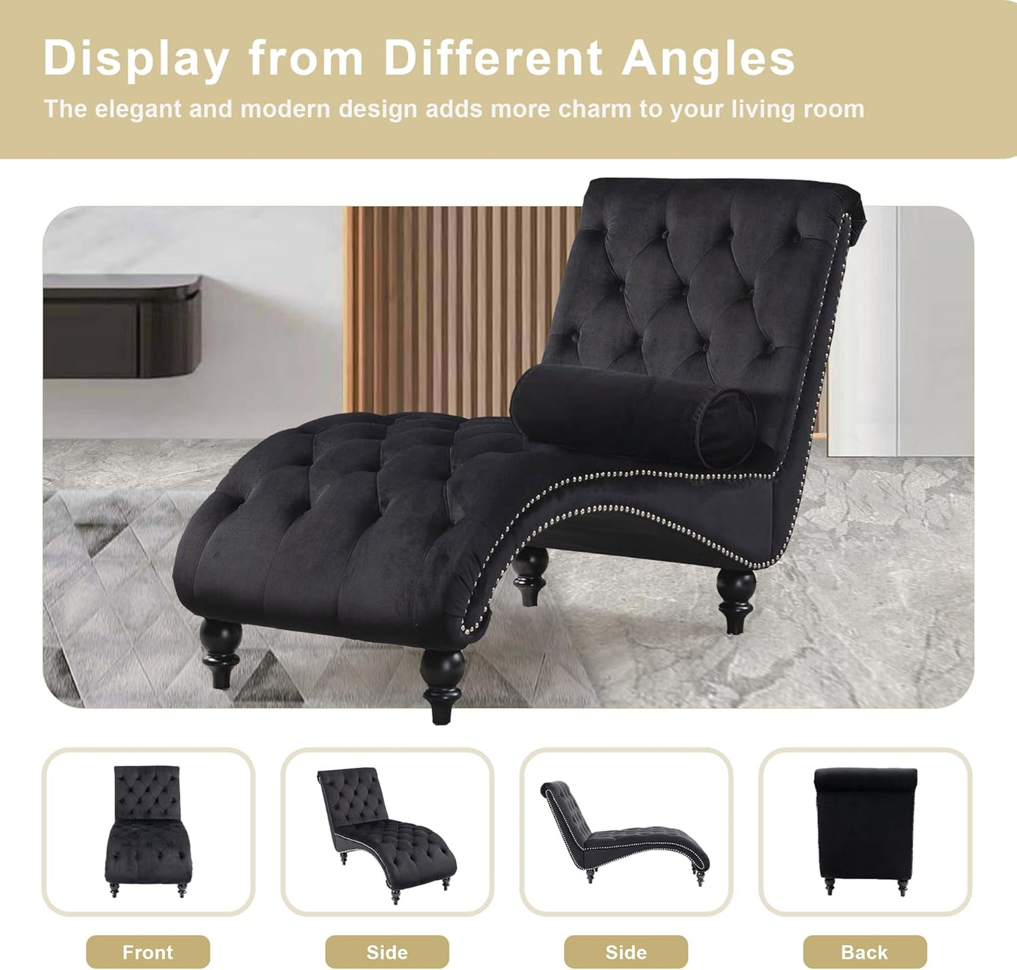 Chaise Lounge Indoor,Velvet Upholstered Lounge Chair Button-Tufted Armless Chair with Pillow, for Bedroom Living Room Office Modern Backrest Leisure Recliner Sleep Sofa,Black