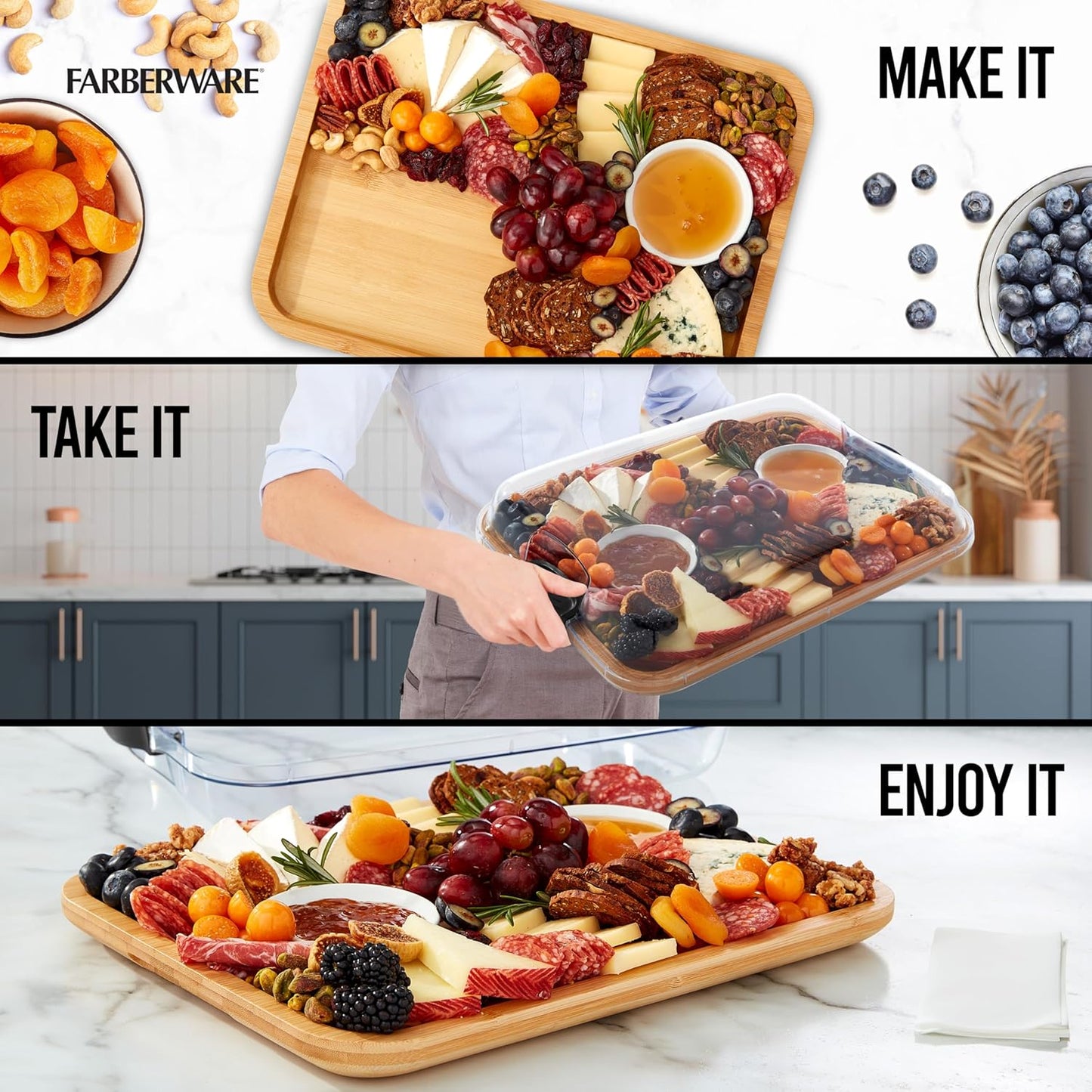 Build-A-Board Bamboo Cutting Board with Single Storage Compartment, Clear Locking Lid, Black Handles, Perfect for Charcuterie & Snacks