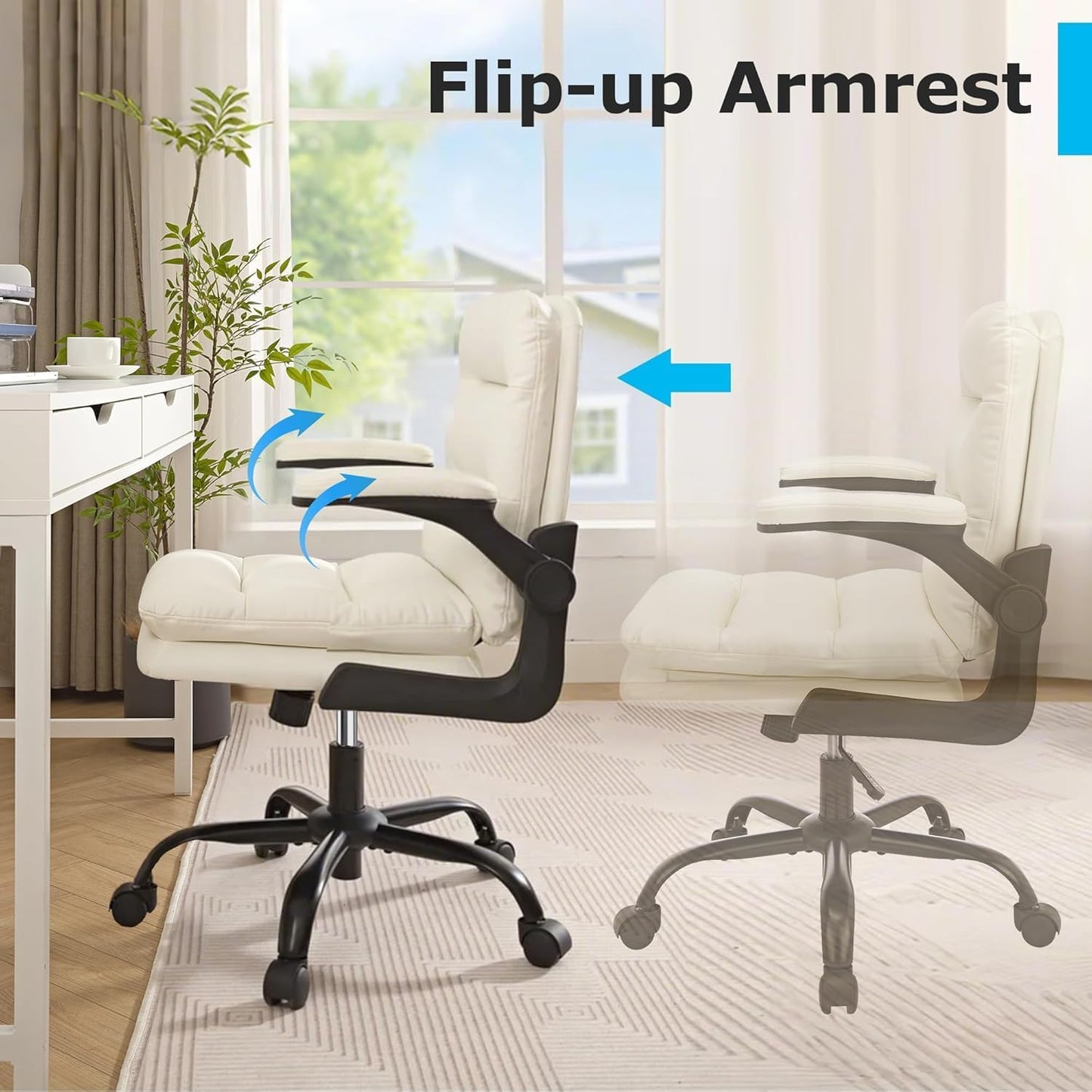 Ergonomic Swivel Office Desk Chair with Flip-Up Armrest and Adjustable Height, Lumbar Support & PU Leather Thickened Cushion, for Computer Task Work, White