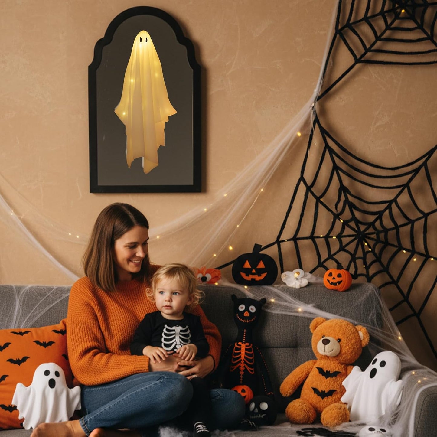 21.6" X 12.9" Halloween Ghost Mirror, Ghost Hologram Mirror with Remote, Spooky Halloween Ghost Decoration Indoor for Wall Mantle, DIY Haunted House Props-Wavy Border