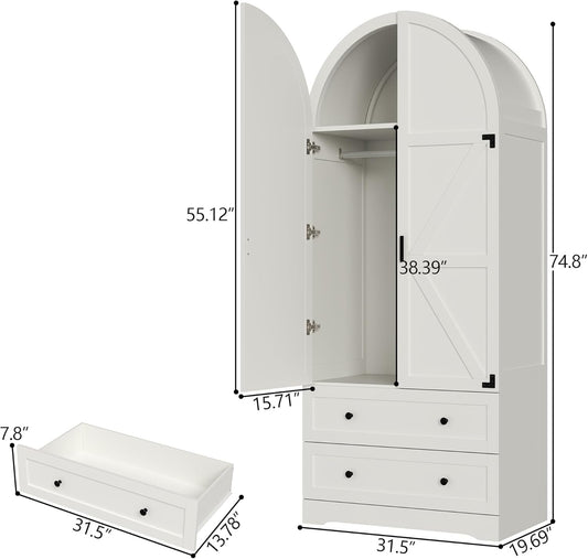 74.8" Armoire Wardrobe Closet with 2 Drawers and 2 Doors, Tall Bedroom Freestanding Armoire Storage Cabinet with Shelves, Wood Large Wardrobe Combination for Hanging Clothes (White)