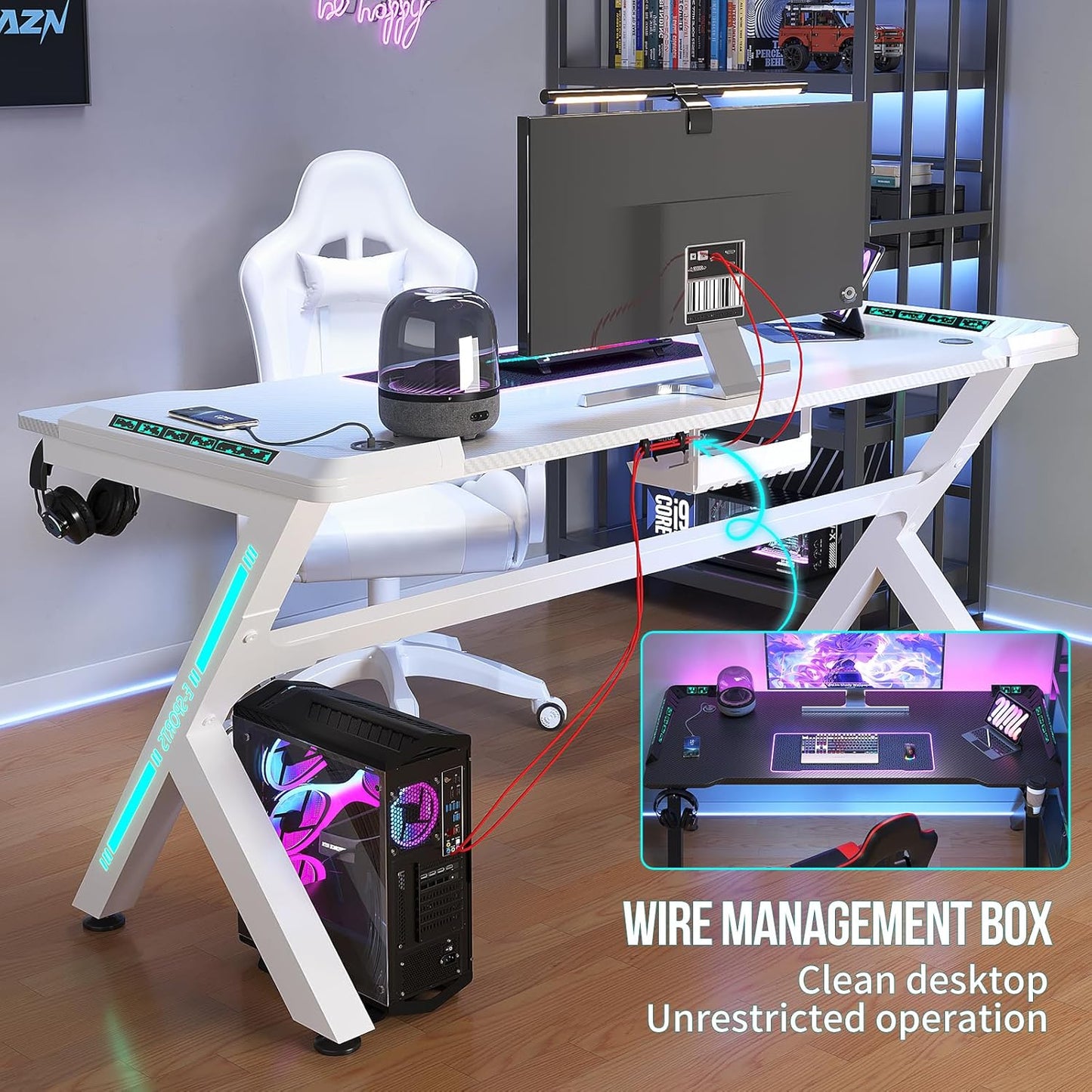 Gaming Desk, 55'' Computer Desk, Gaming Desk W/Led Lights & Carbon Fiber Desktop, Home Office Desks W/Ergonomic Design, Computer Desks W/Cup Holder, Headphone Holder, Cable Organizer