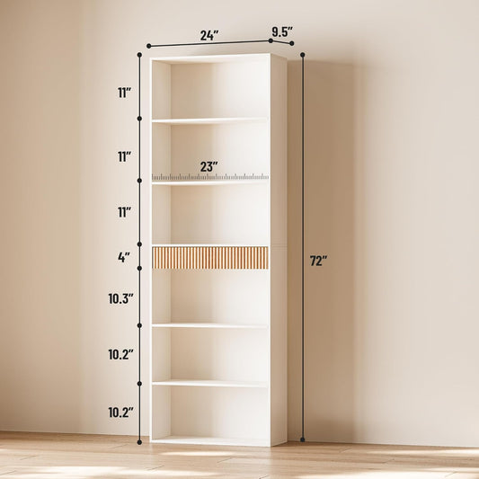 72" Tall Bookshelf with Storage, 7-Tier Bookcase Fluted with Drawer, Display Book Shelf Book Organizer with Anti-Tip Device, Home Decor Wood Furniture for Bedroom, Living Room and Office, White