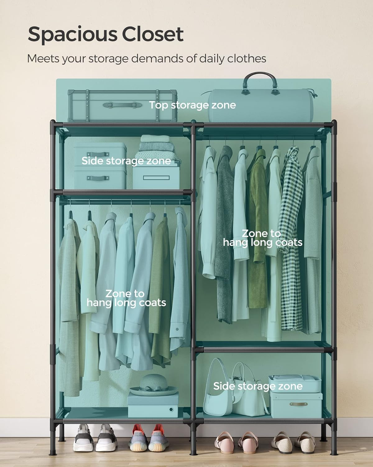 Heavy Duty Clothes Rack, 65 Inch Freestanding Portable Wardrobe with Hanging Rails and Shelves, Total Load 242 Lb, Easy Assembly, for Cloakroom, Bedroom, Black URDR201B02