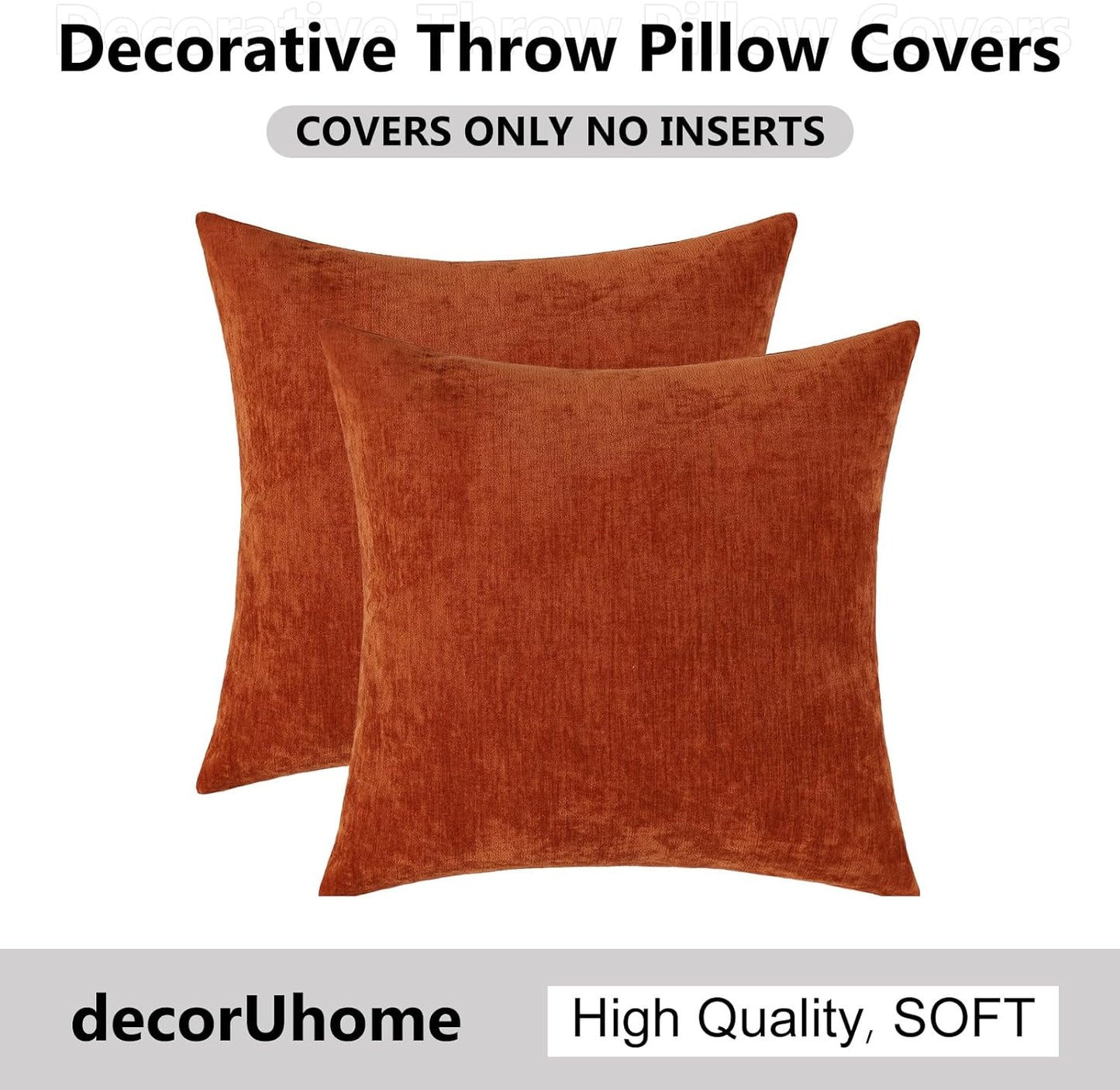 Chenille Rust Fall Throw Pillow Covers 20X20 Inch Set of 2, Decorative Soft Couch Pillow Covers Solid Dyed Accent Farmhouse Neutral Square Pillow Cases for Sofa Bed Living Room
