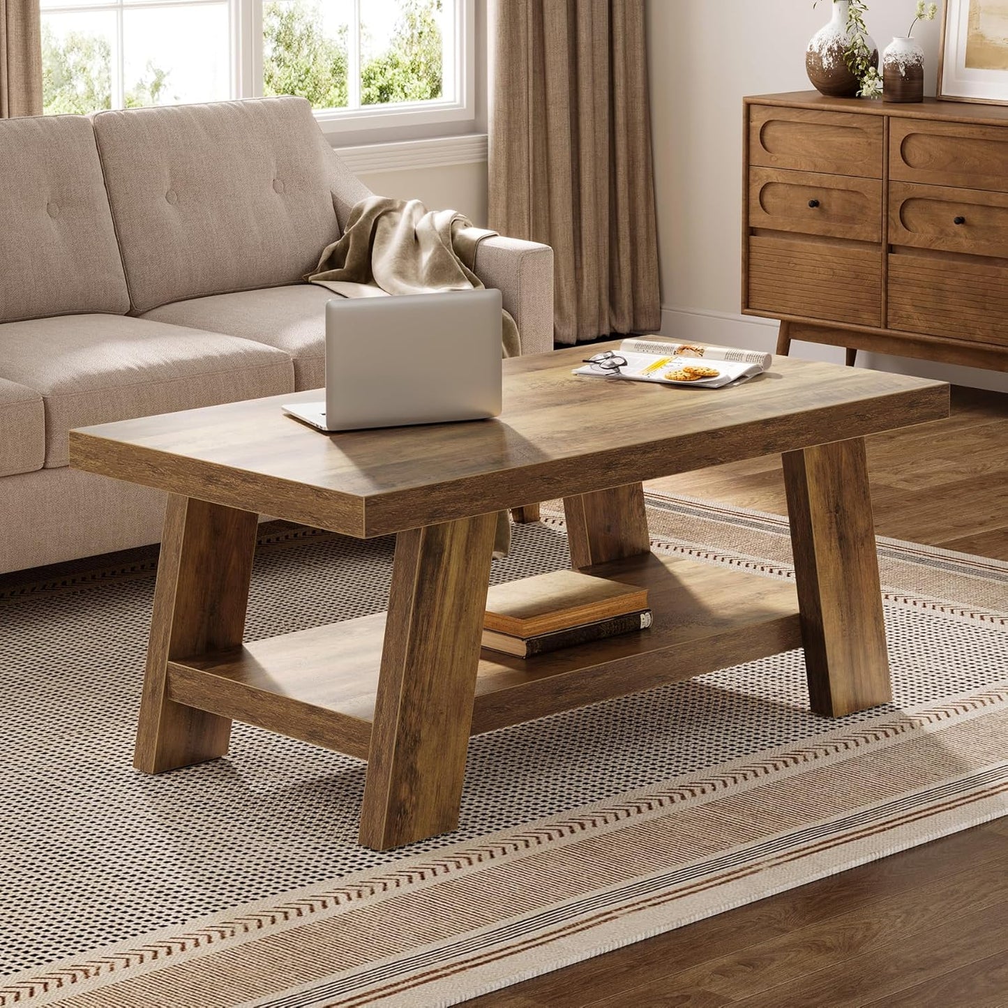 Brown rustic farmhouse coffee table with storage shelves, view 9