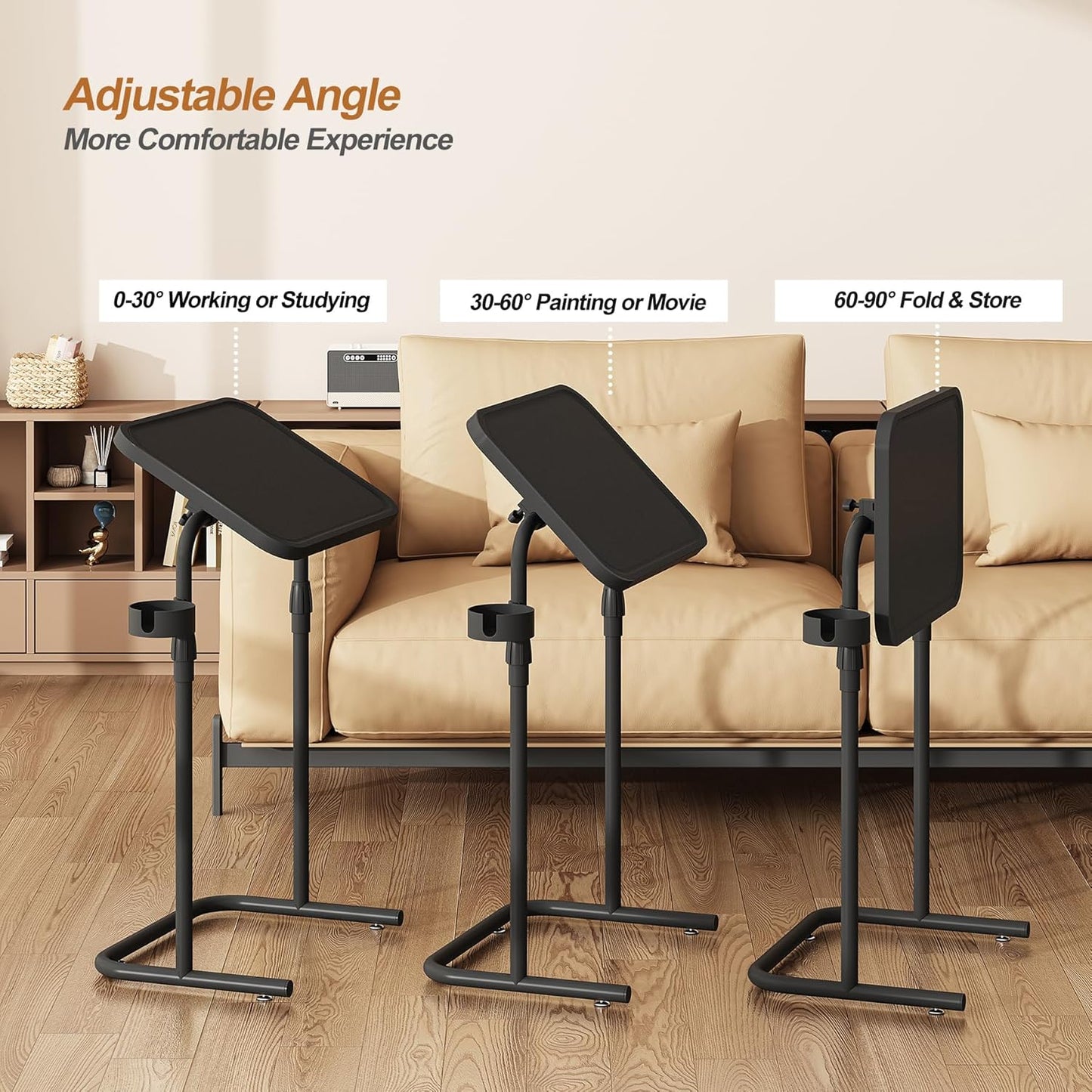 C Shaped End Table with Tiltable Surface, Adjustable Height Side Table, Slide under Couch Table TV Tray for Eating, Sofa Tray for Livingroom, Bedroom White TB01BW091