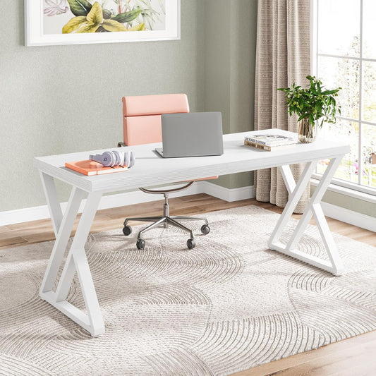Writing Computer Desk, 55 Inch Heavy Duty Study Desk with Z-Shaped Metal Leg, Modern Simple Home Office Computer Desk, White