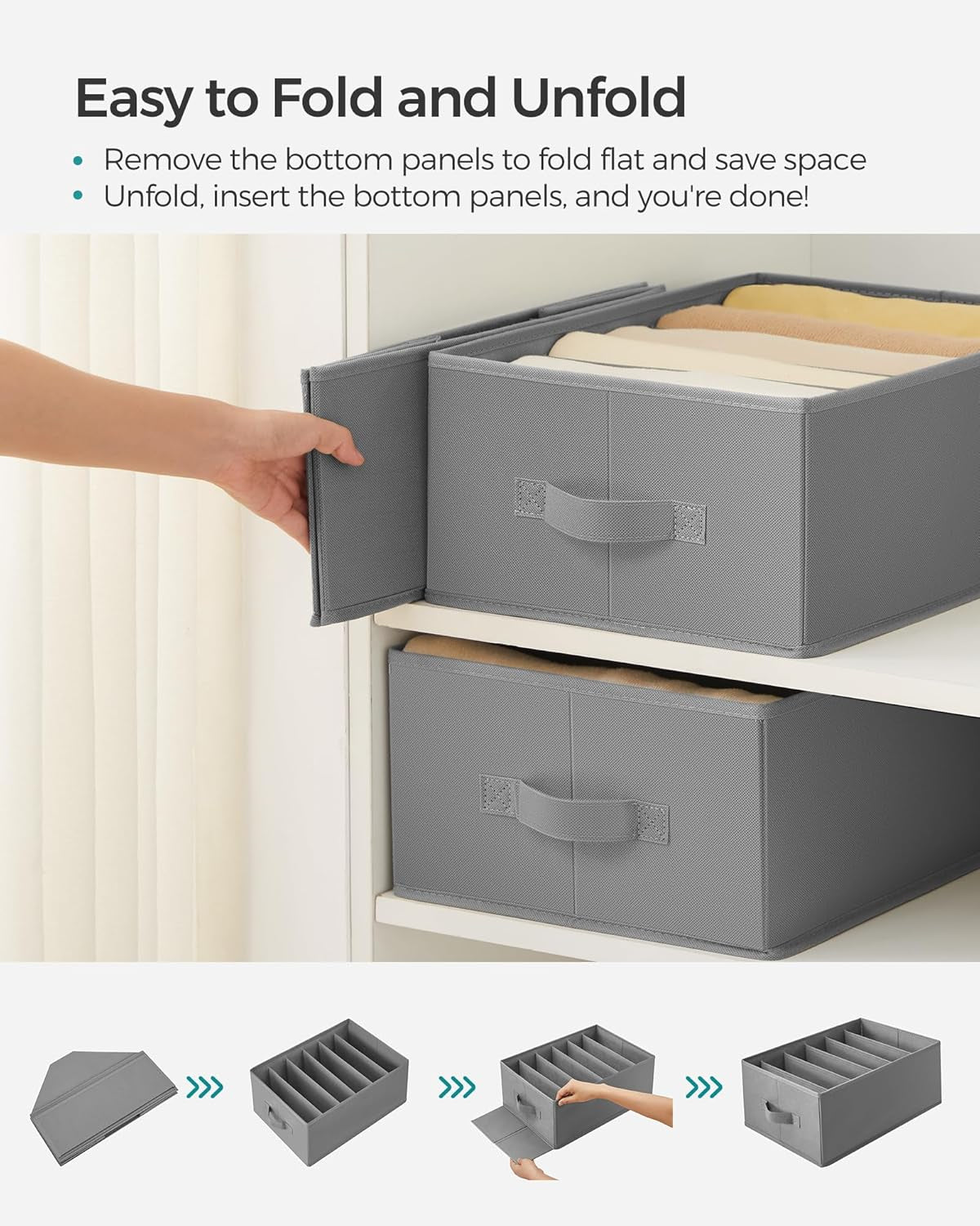 Set of 2 Large Size Wardrobe Clothes Organizers, 6-Compartment Foldable Drawer Organizers with Handles, 16.5 X 11.8 X 6.7 Inches, for Pants, Sweaters, Jeans, Dove Gray URUS009G02