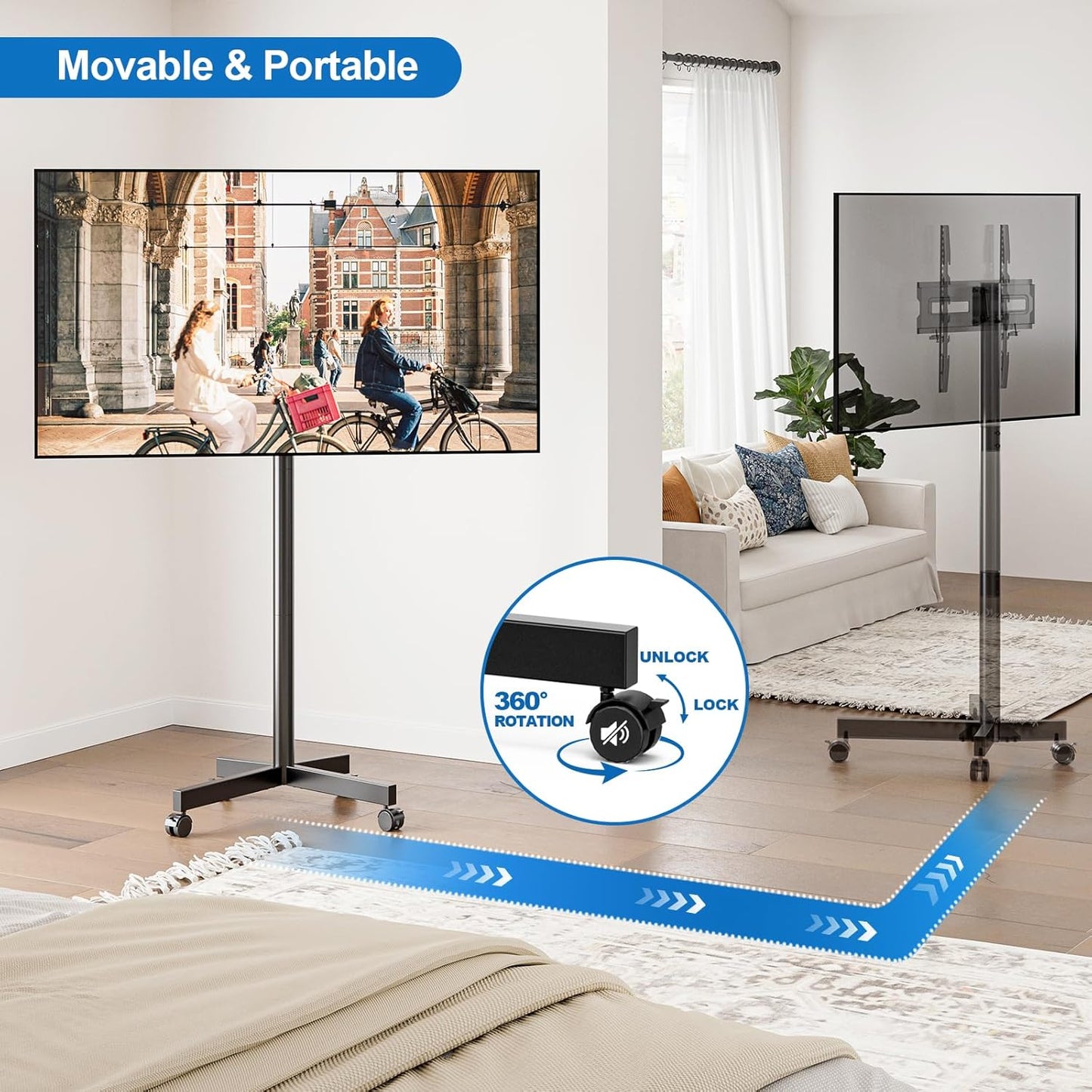 Height adjustable mobile rolling TV cart with tilt mount, view 7