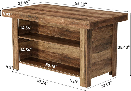 55 Inches Kitchen Island with Storage, 3-Tier Farmhouse Wooden Stationary Island Table with Large Worktop & Leg Room, Modern Coffee Bar Table with Storage Shelf for Kitchen, Rustic Brown