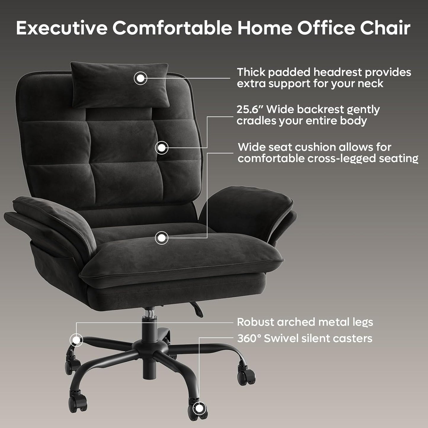 Cross Legged Office Chair, Criss Cross Chair with Adjustable Arms, 135° Reclining Velet Executive Chair with Wheels, Big and Tall Computer Desk Chair for Home, Office - Black