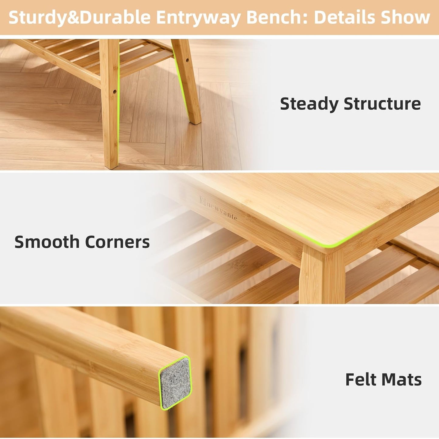 Bamboo Dining Bench, 33.46" Indoor Storage Bench, Small Wood Benches for Entryway, Living Room, Bedroom, Hallway, Outdoor Wooden Bench, Holds up to 300Lbs