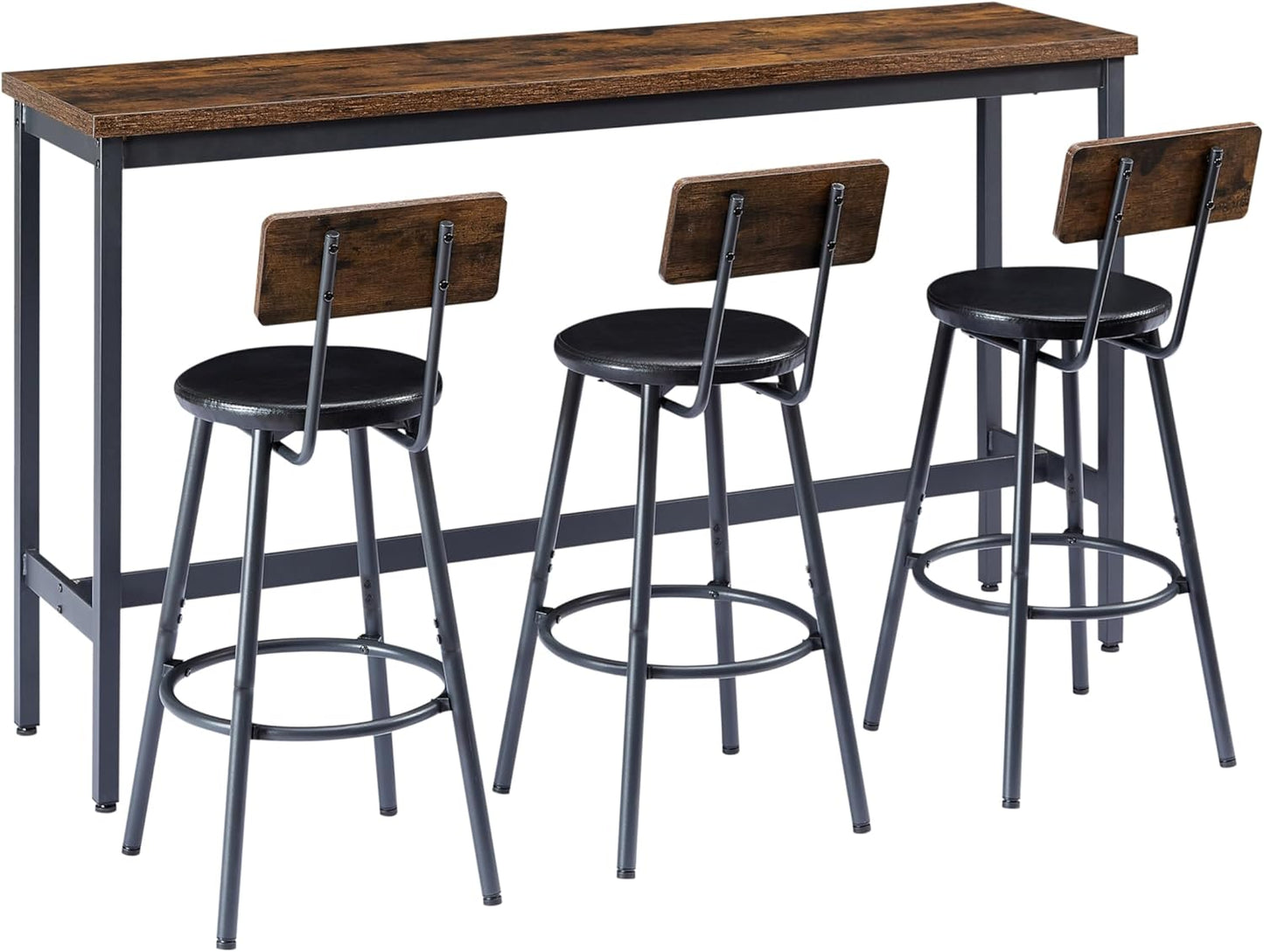 Long Bar Table Set with 3 PU Upholstered Bar Stools, Dining Table and Chair Sets, Industrial Tall Coffee Table and Back Chair for Kitchen, Living Room, Party Room, Small Space, Pub, Brown