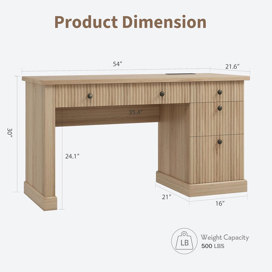 Fluted Home Office Desk Storage, 54 in Modern Executive Desk with Charging Station, Wooden Computer Writing Desk with File Cabinet & Drawers for Study, Living Room, Bedroom-Burlywood
