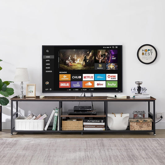 TV Stand with Power Outlets for Televisions up to 80 Inch,70" Media Entertainment Center with Charging Station 3-Tier Open Storage Shelves with Metal Frame for Living Room/Bedroom,Brown