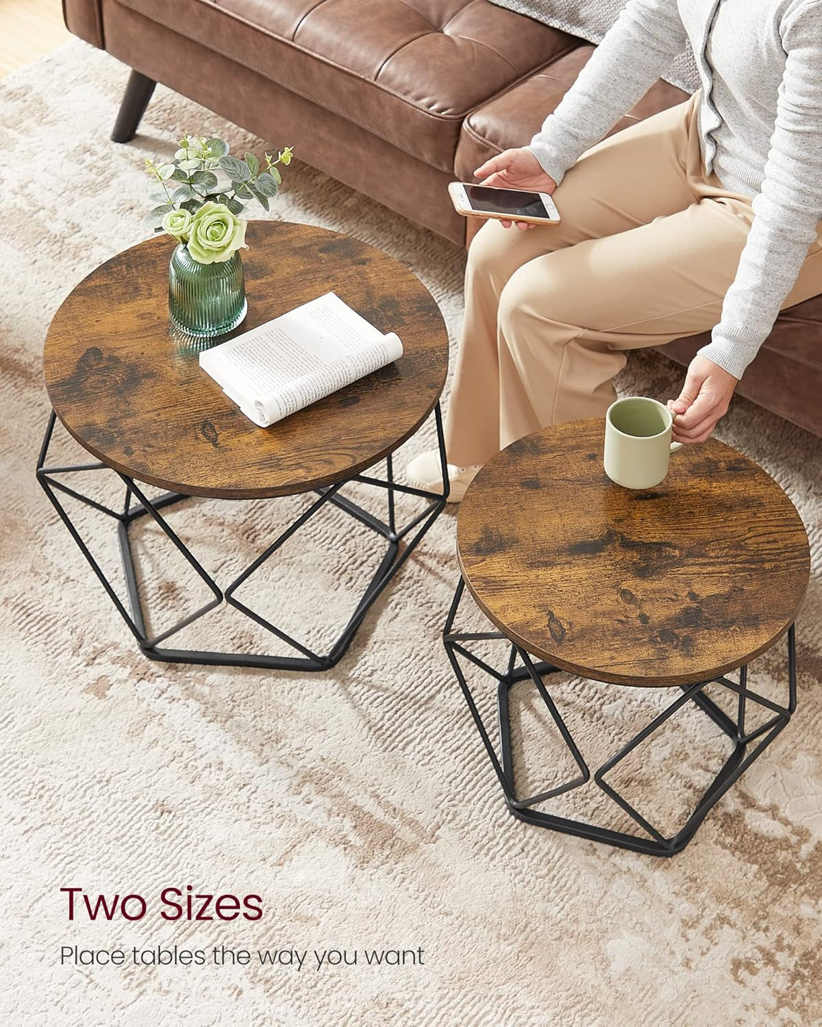 Small Coffee Table Set of 2, round Coffee Table with Steel Frame, Side End Table for Living Room, Bedroom, Office, Rustic Brown and Ink Black
