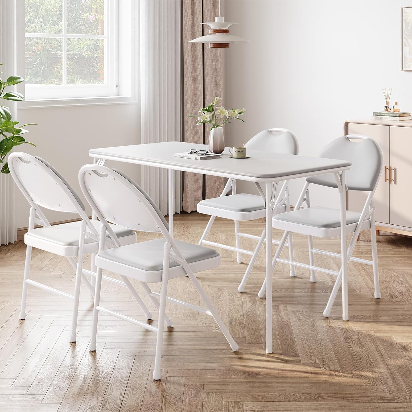 Protable Folding Table and Chairs, 5 Piece Folding Card Table and Chairs Set, Foldable PU Upholstered Table and Chairs Set of 5, for Dining Room, Living Room, Office, Camping, Gray
