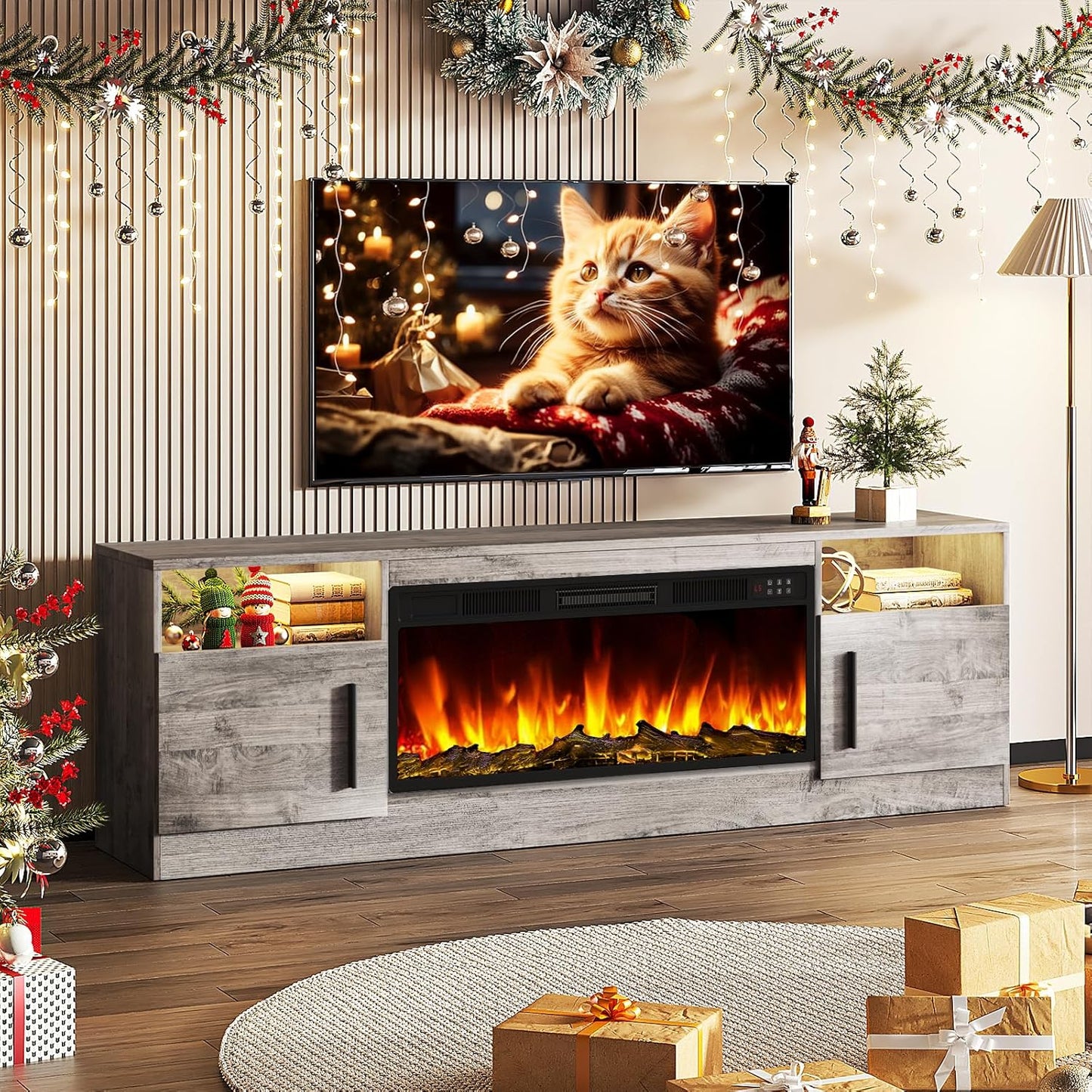 Fireplace TV Stand Entertainment Center with 36" Fireplace, 70" Wooden TV Stand for Tvs up to 80", Modern TV Consoles for Living Room with High Gloss Storage Cabinet and LED Lights (Grey)