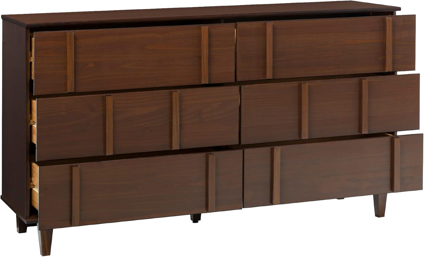 Contemporary Detailed 6-Drawer Solid Wood Dresser, 60 Inch, Walnut