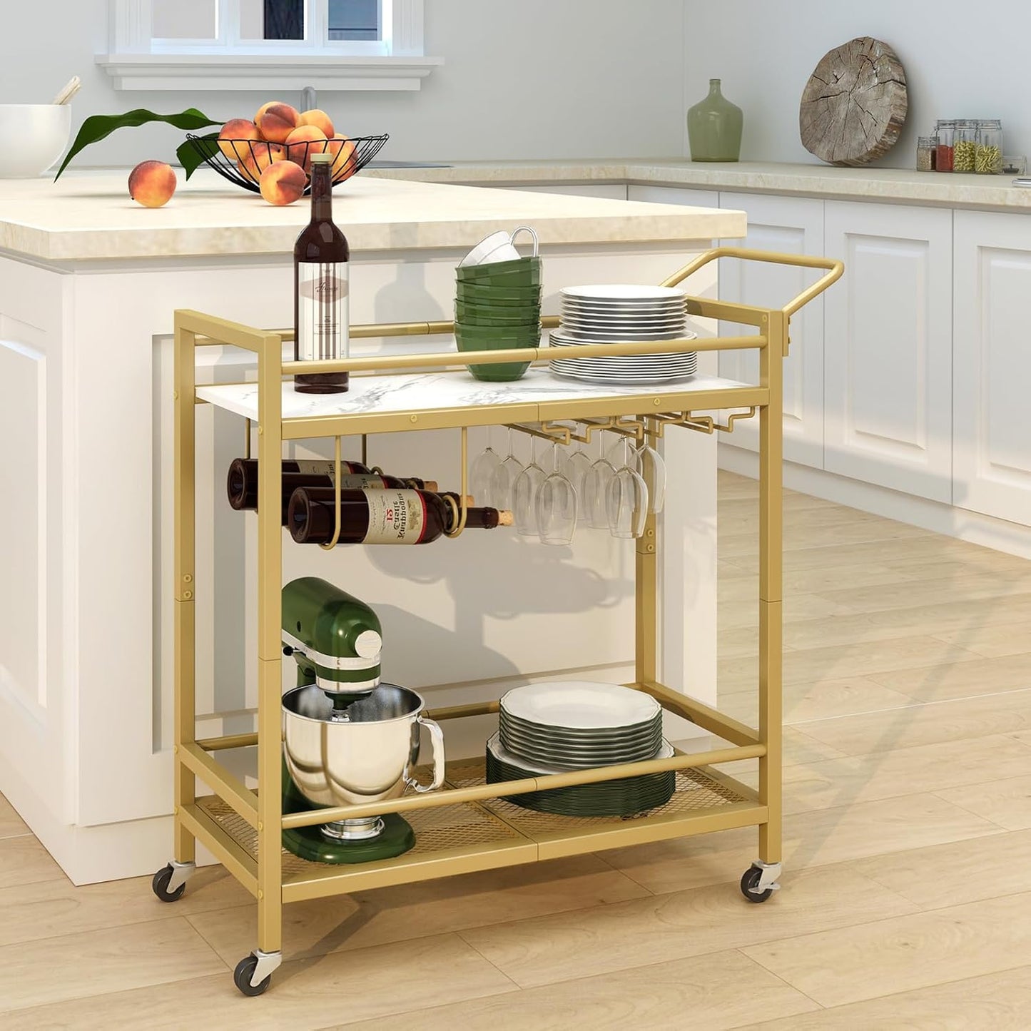 Bar Cart, Two-Color Home Bar Serving Cart, Mobile Drink Beverage Cart with 2 Storage Shelves, Rolling Kitchen Cart with Wine Holder and Glass Holder, for Dinning Room, Living Room, Kitchen