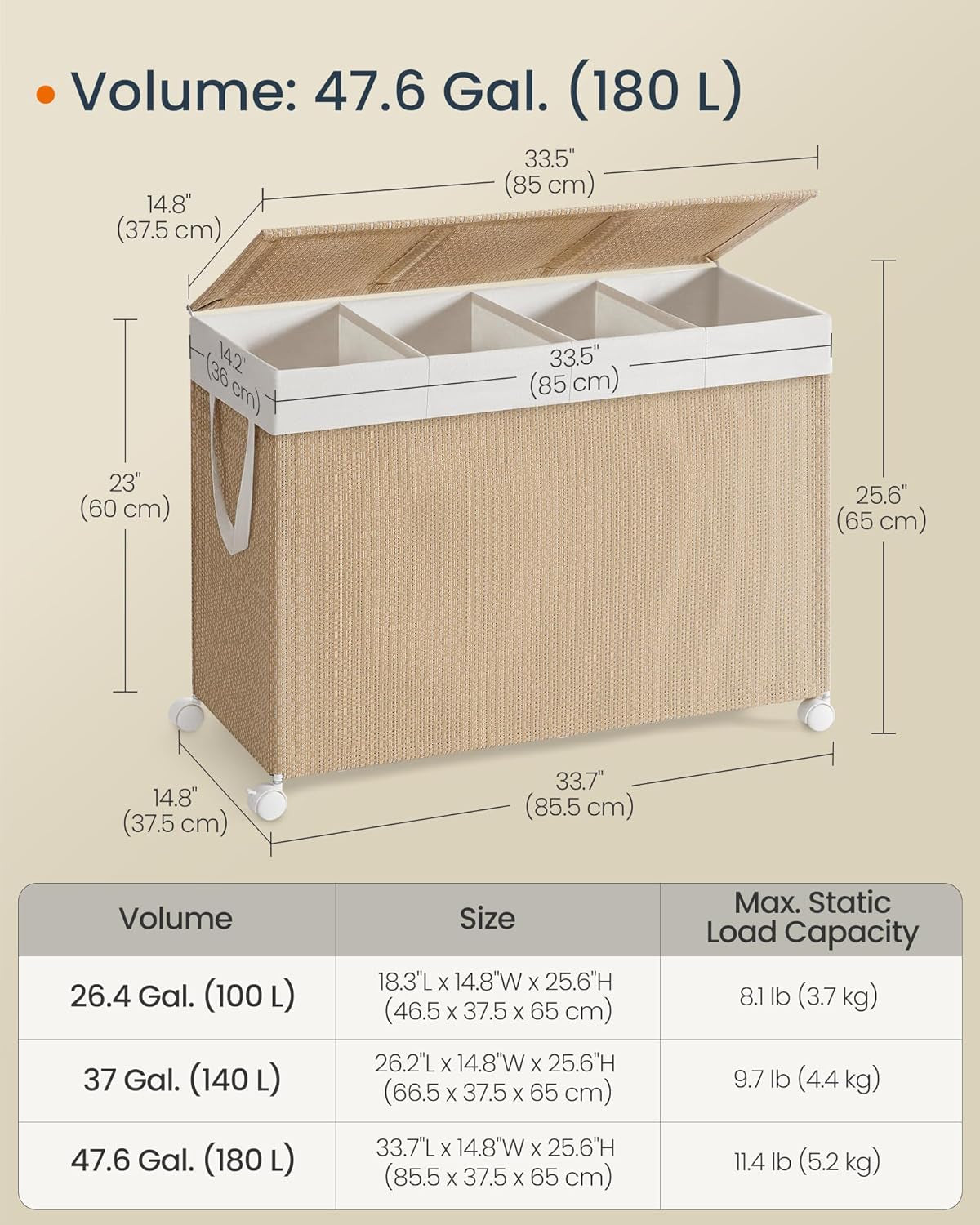 Laundry Hamper with 4 Section, 180 L Large Rolling Laundry Basket with Wheels, Rattan Clothes Basket with Lid, Removable Liner with Handles, Natural Beige and Matte White ULCB603N01