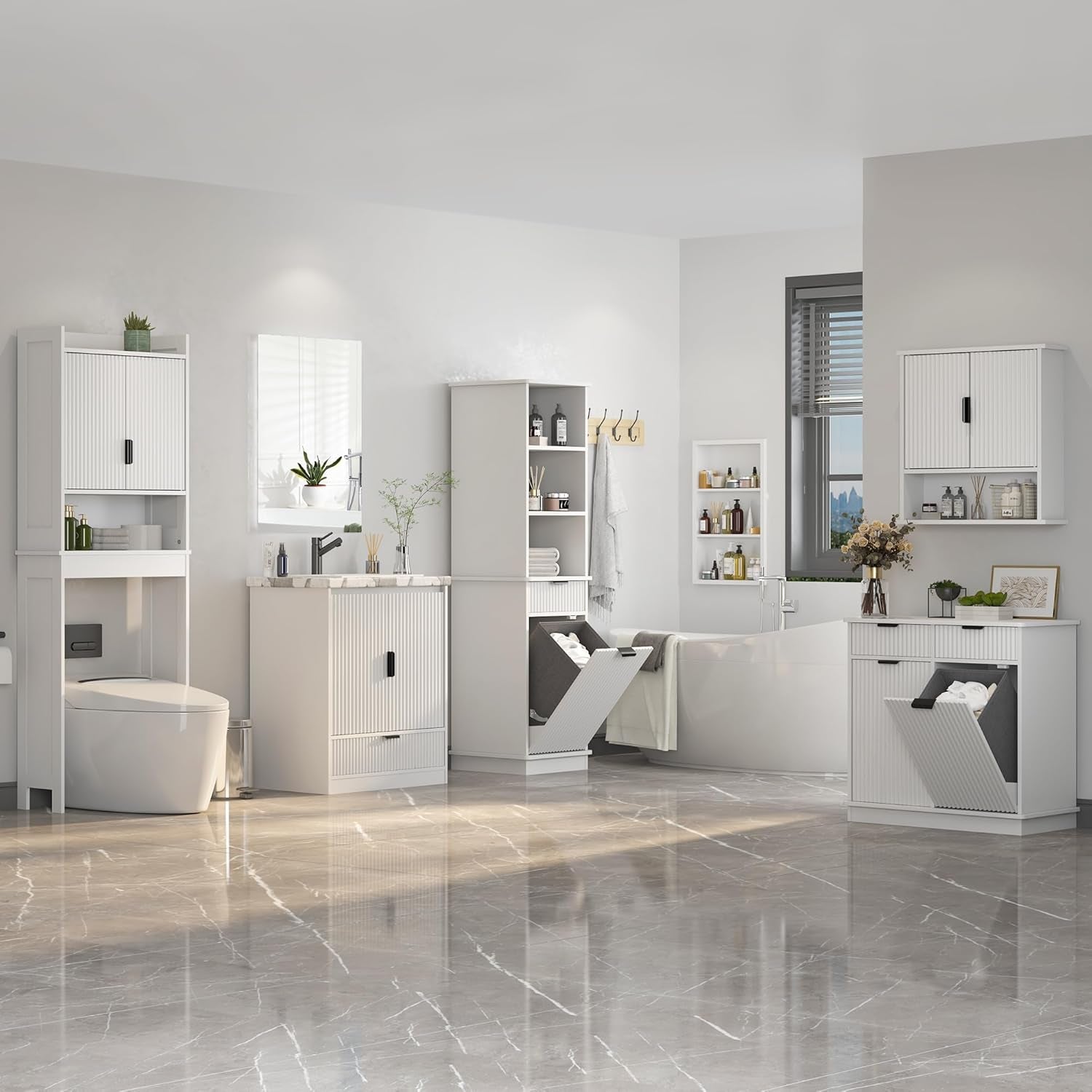 Over the Toilet Storage Cabinet,Behind Toilet Bathroom Organizer with Anti-Tip,Space-Saving Toilet Shelf with Storage,Stylish Wave Pattern & Hidden Handle,Bathroom Shelf for Restroom/Laundry