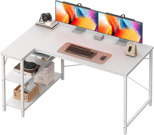 L-Shaped Desk - 47" Reversible Storage Corner Gaming Desk, Metal Frame, White