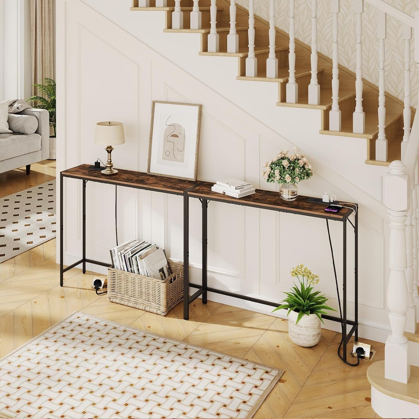 Rustic brown narrow console table with power station, view 9