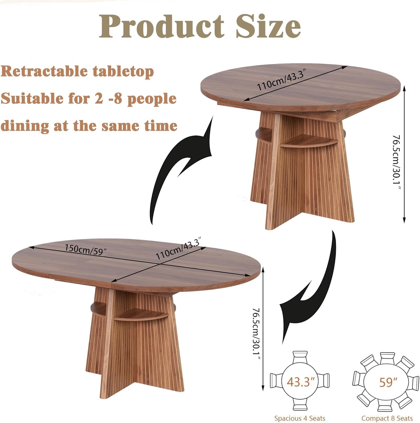 43.3In-59In Extendable Dining Room Table for 4-8, round Expandable Kitchen Table with Fluted Base, Modern Oval Dinner Tables with 4 Storage Shelves for Kitchen Living Room (Walnut, 43.3In)