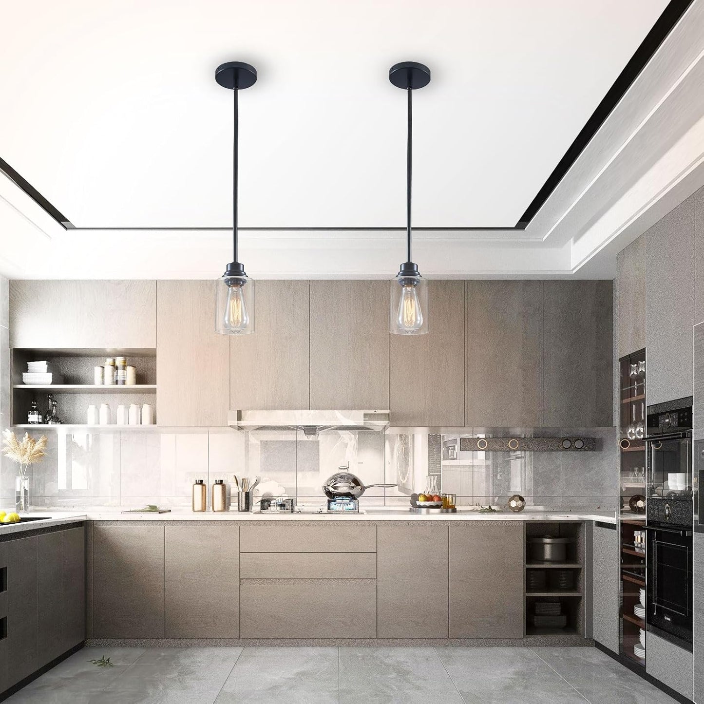 Modern Glass Pendant Lights Kitchen Island 2 Pack, Adjustable Height Black Pendant Lights - Hanging Lights for Bedroom, Dining Room, Living Room, Kitchen & Hallway